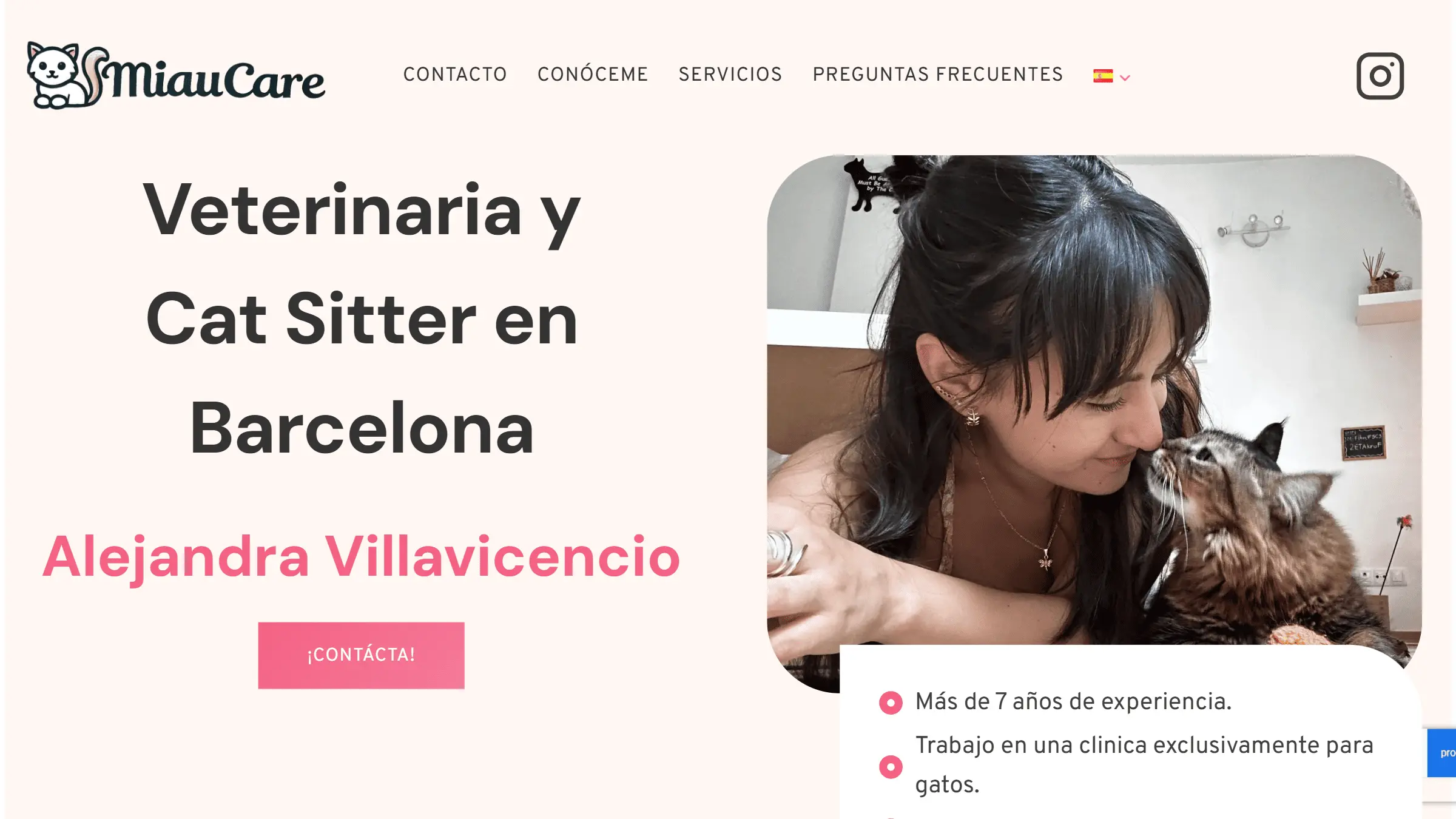 Screenshot of the Miaucare website, a cat care service